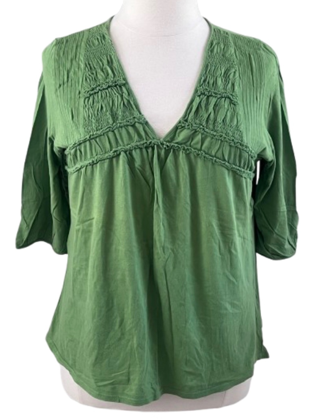Green V-Neck Smocked Tee